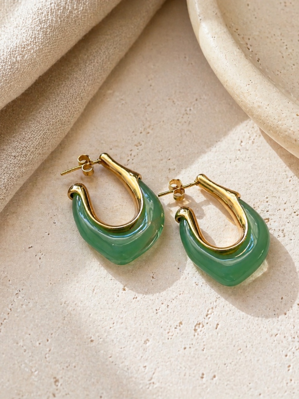 Green Resin Hoop Earrings 18K Gold Plated Stainless Steel, Green Chunky Hoops
